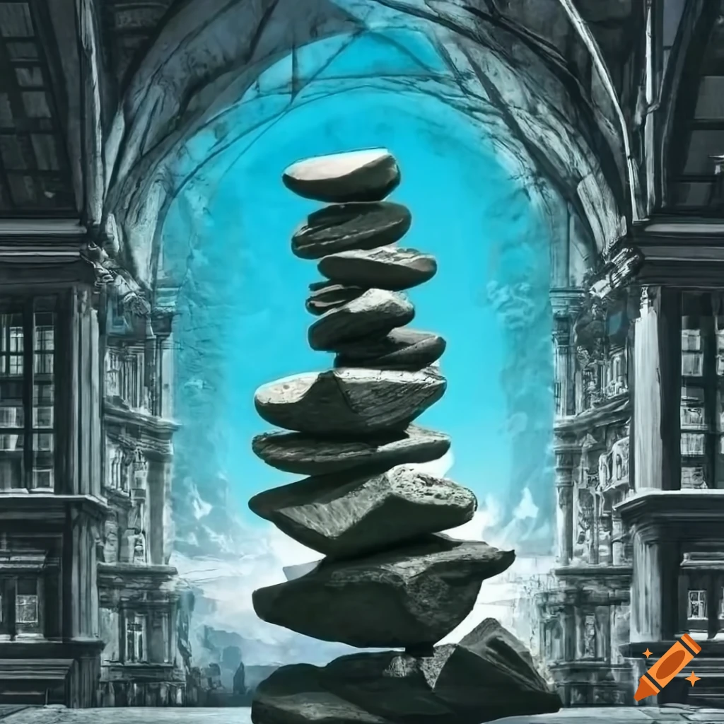 Stack of balancing rocks with library in backdrop on Craiyon