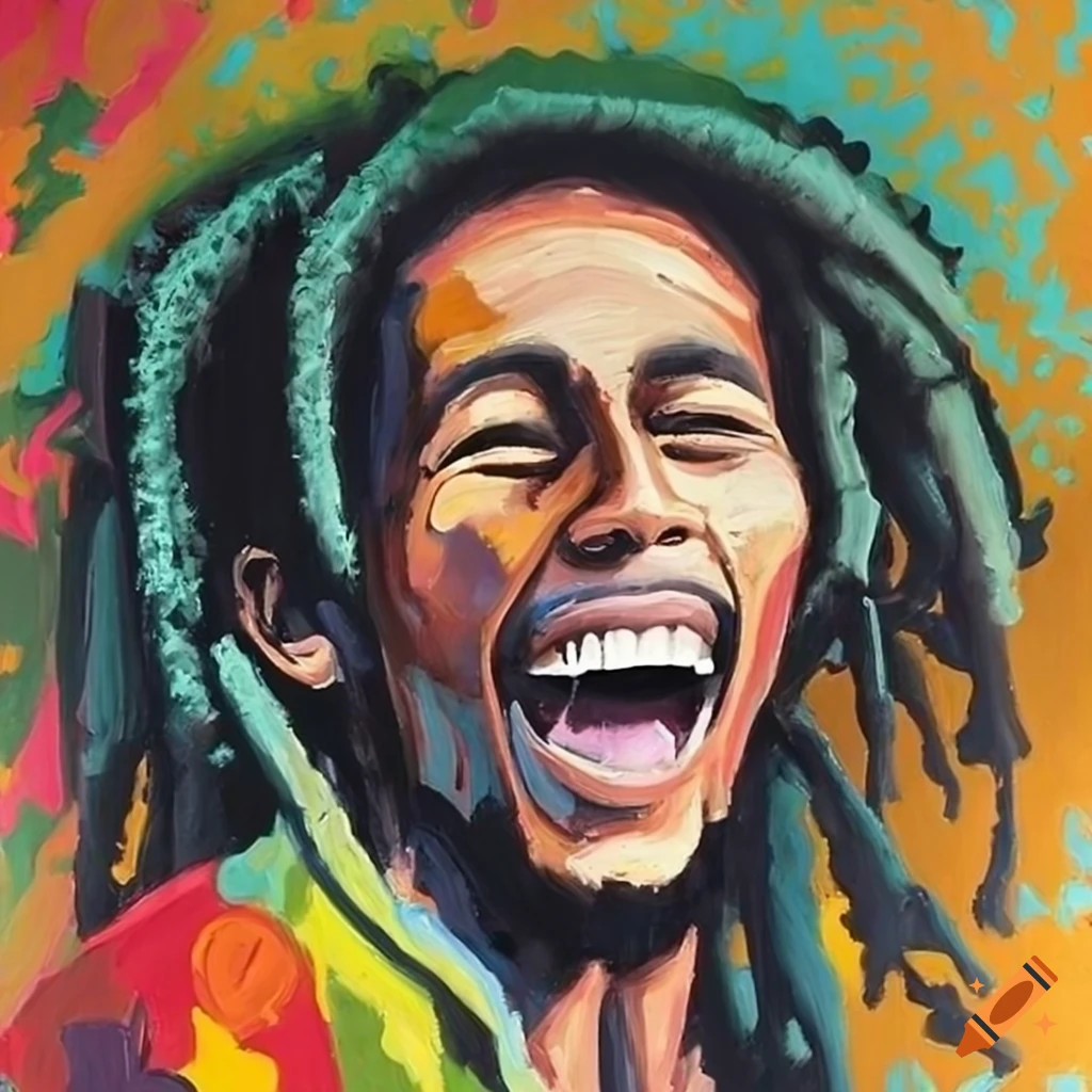 Abstract oil painting of bob marley laughing on Craiyon