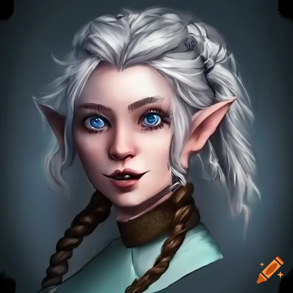 Female gnome with silver hair and bright blue eyes on Craiyon