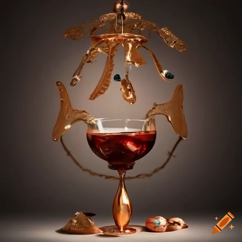 surrealist pastries on a table with wine glasses and goldfish