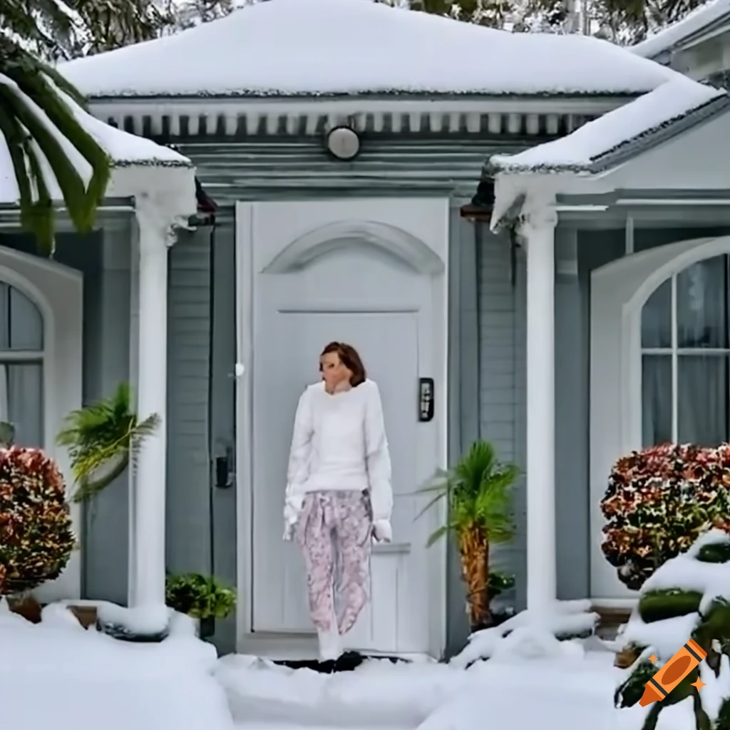 Rare snowfall in fort lauderdale, woman standing outside door on Craiyon