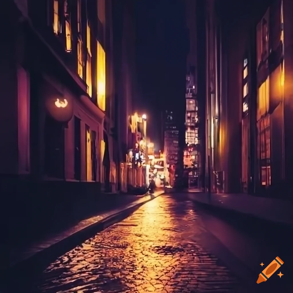 retro city street at night with street lights