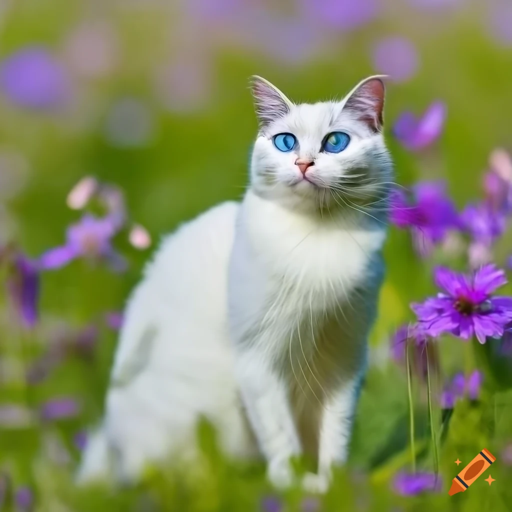 white cat with blue eyes in a meadow with purple flowers