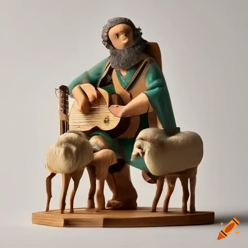 wooden figures of biblical shepherds with sheep