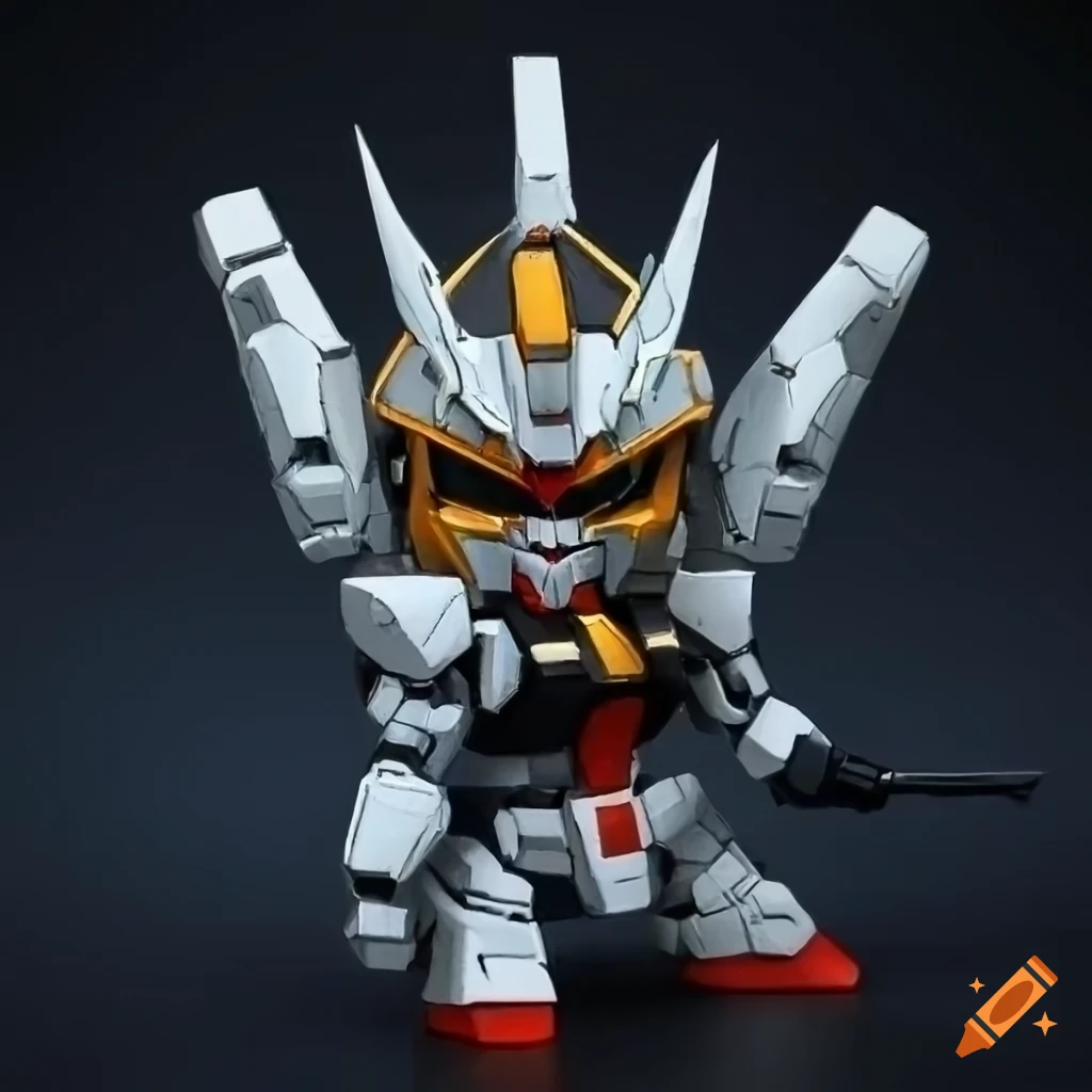 Chibi gundam robot in black and orange armor on Craiyon
