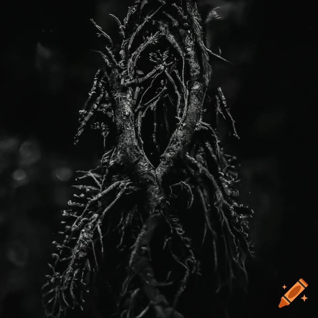 intricate black and white artwork of interconnected roots and branches