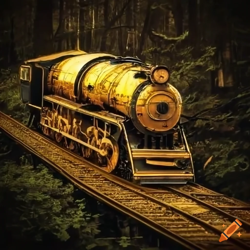 Golden locomotive in a forest on Craiyon