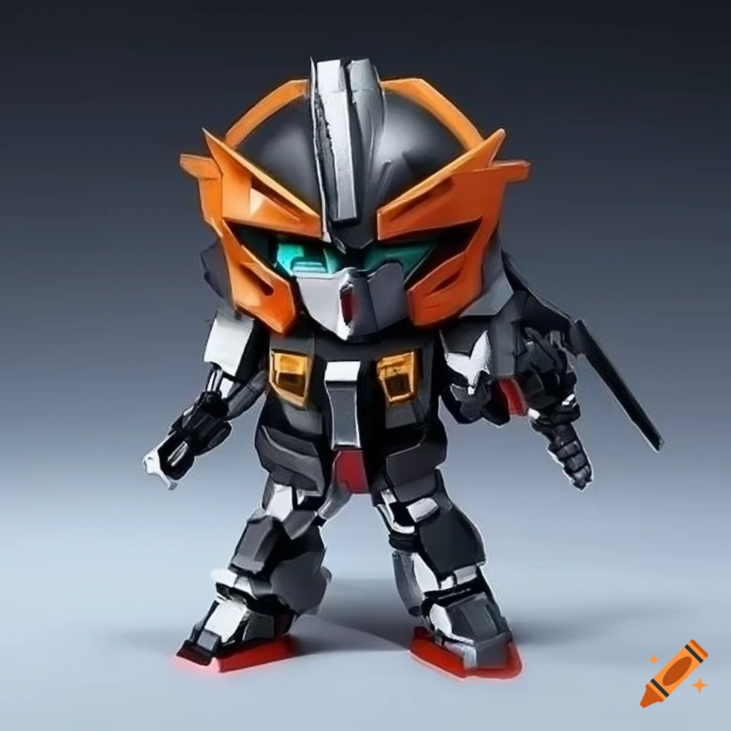 chibi Gundam robot with black, orange, and white armor