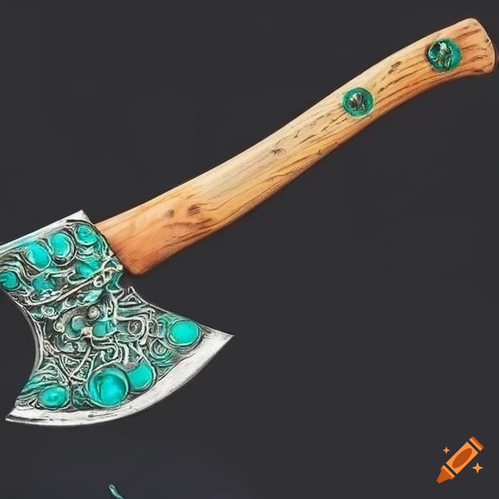 ornately engraved hatchet with a teal gem