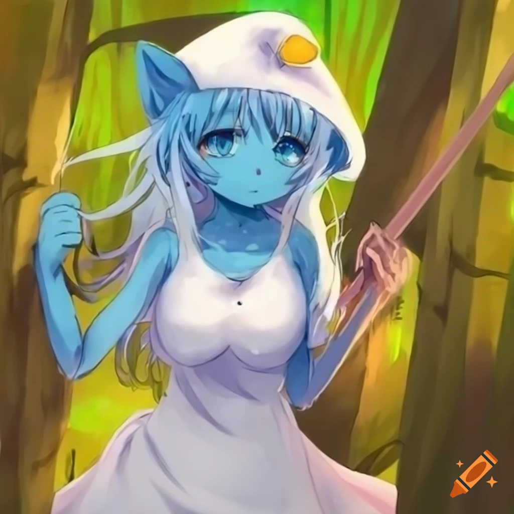 anime catgirl with blue-pigment skin and white hair in the woods