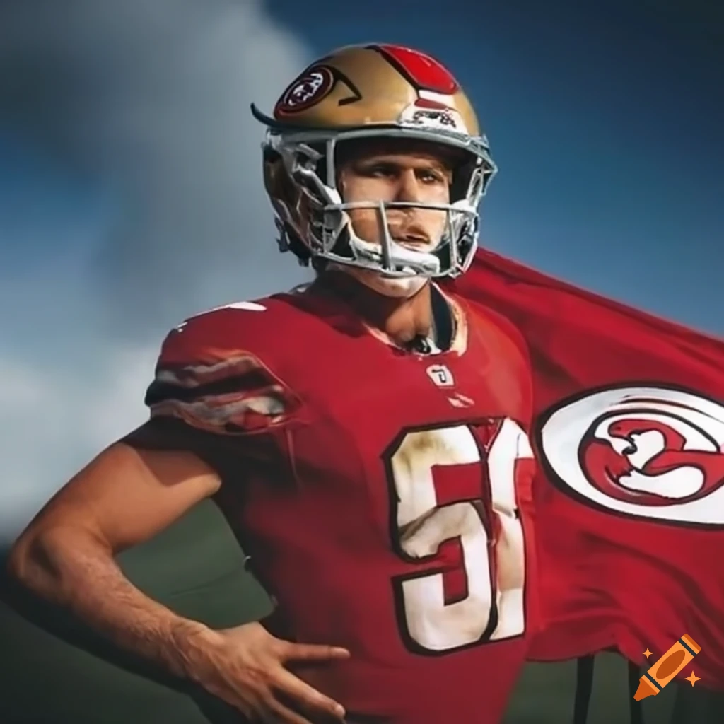 Brock Purdy holding a 49ers flag on top of a hill
