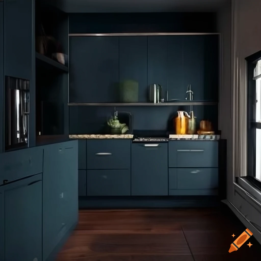 dark modern kitchen with open storage drawers and herb jars