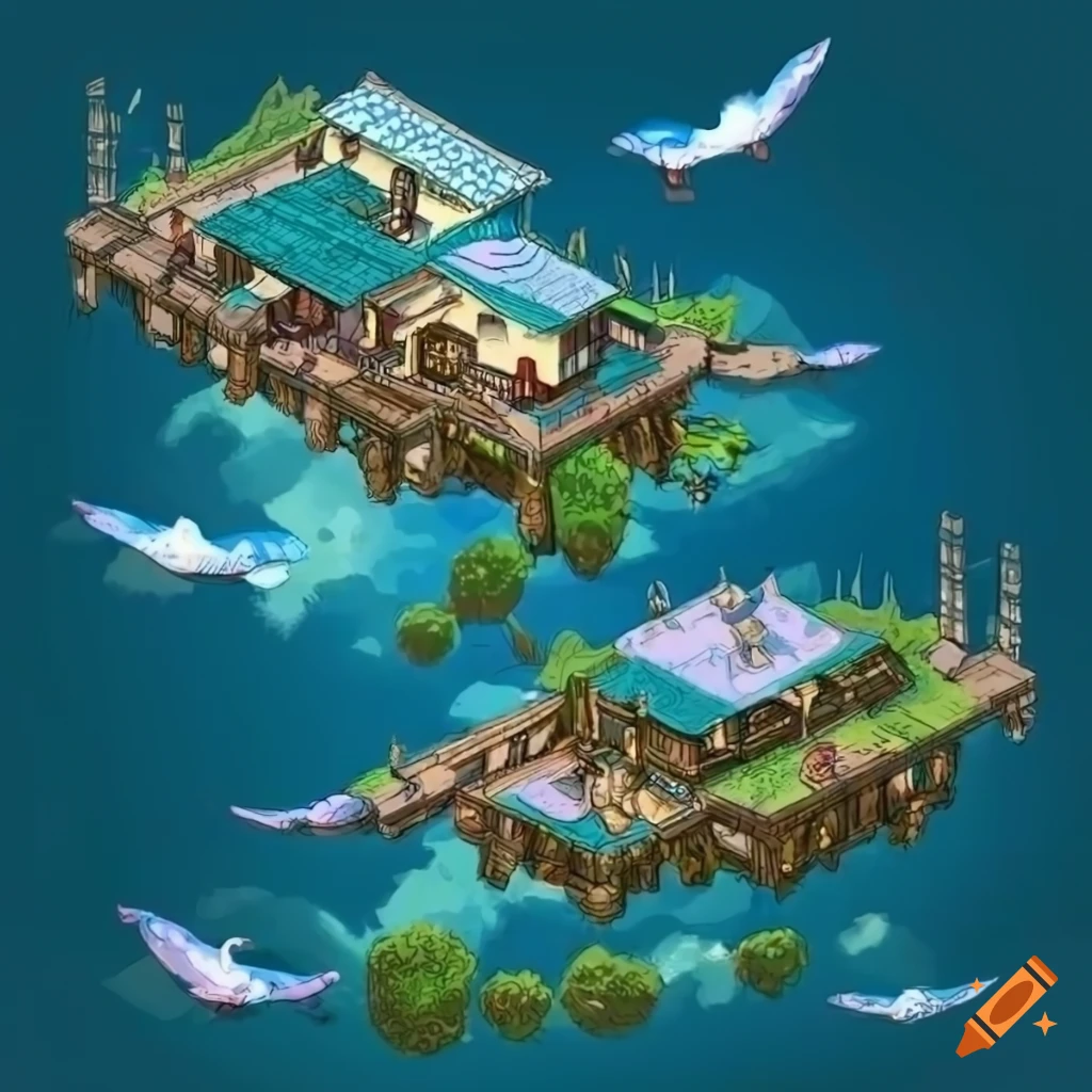 Isometric fantasy map of a floating cloud village on Craiyon