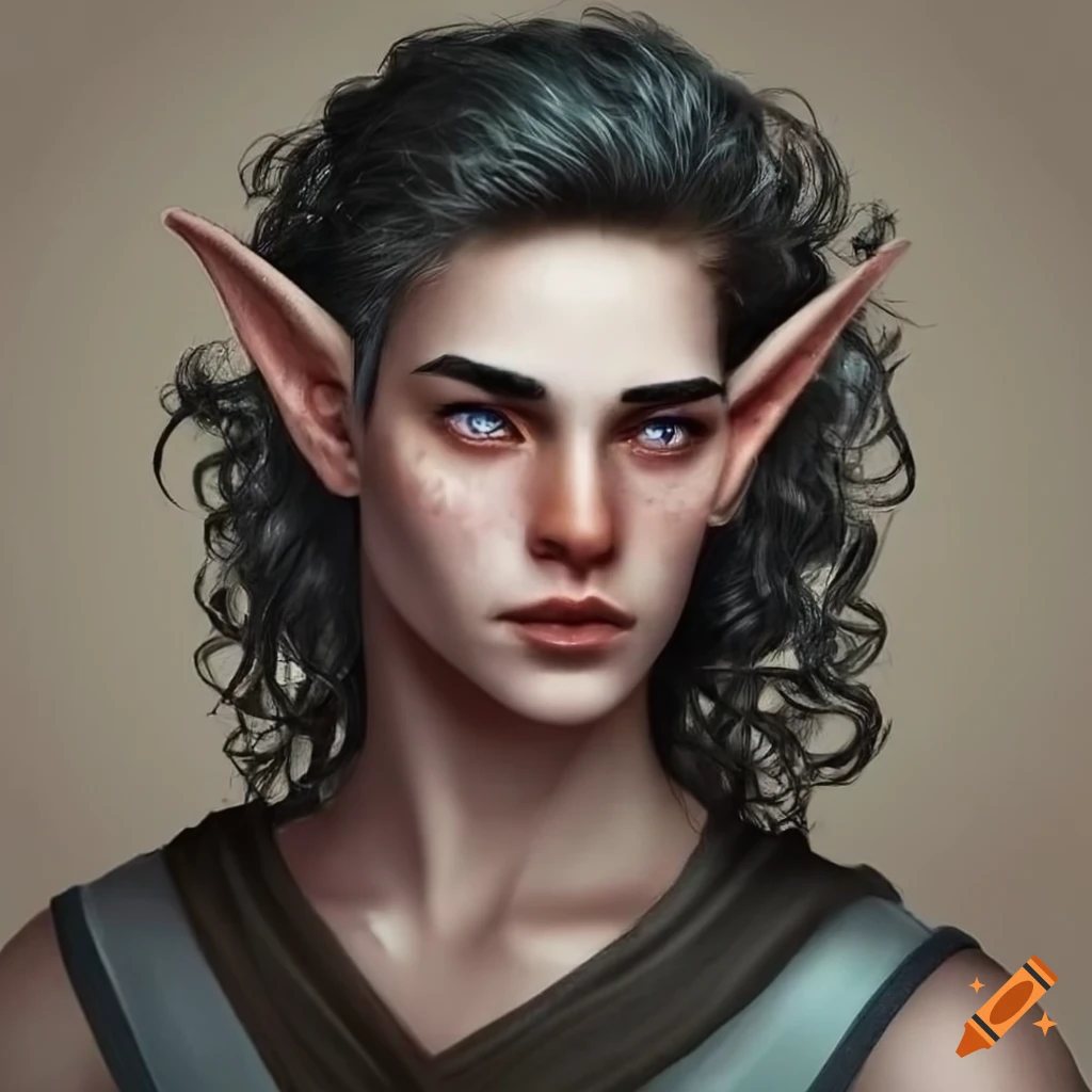 Portrait of a young male elf with black curly hair on Craiyon