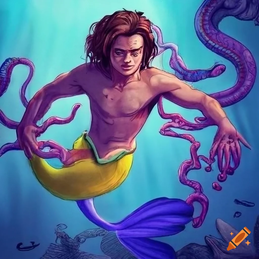 highly detailed etching of a merman with tentacle-tail