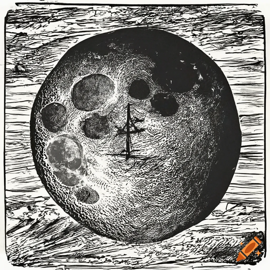 Black and white drawing of the moon with abandoned space structures on  Craiyon