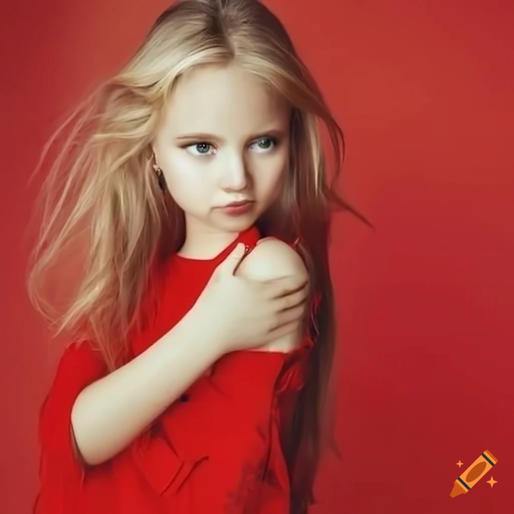 Blonde young girl in red clothes playing
