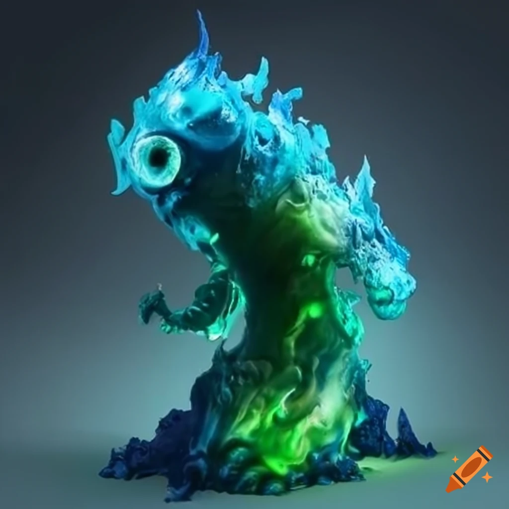 abstract art of a green, blue, and red elemental creature