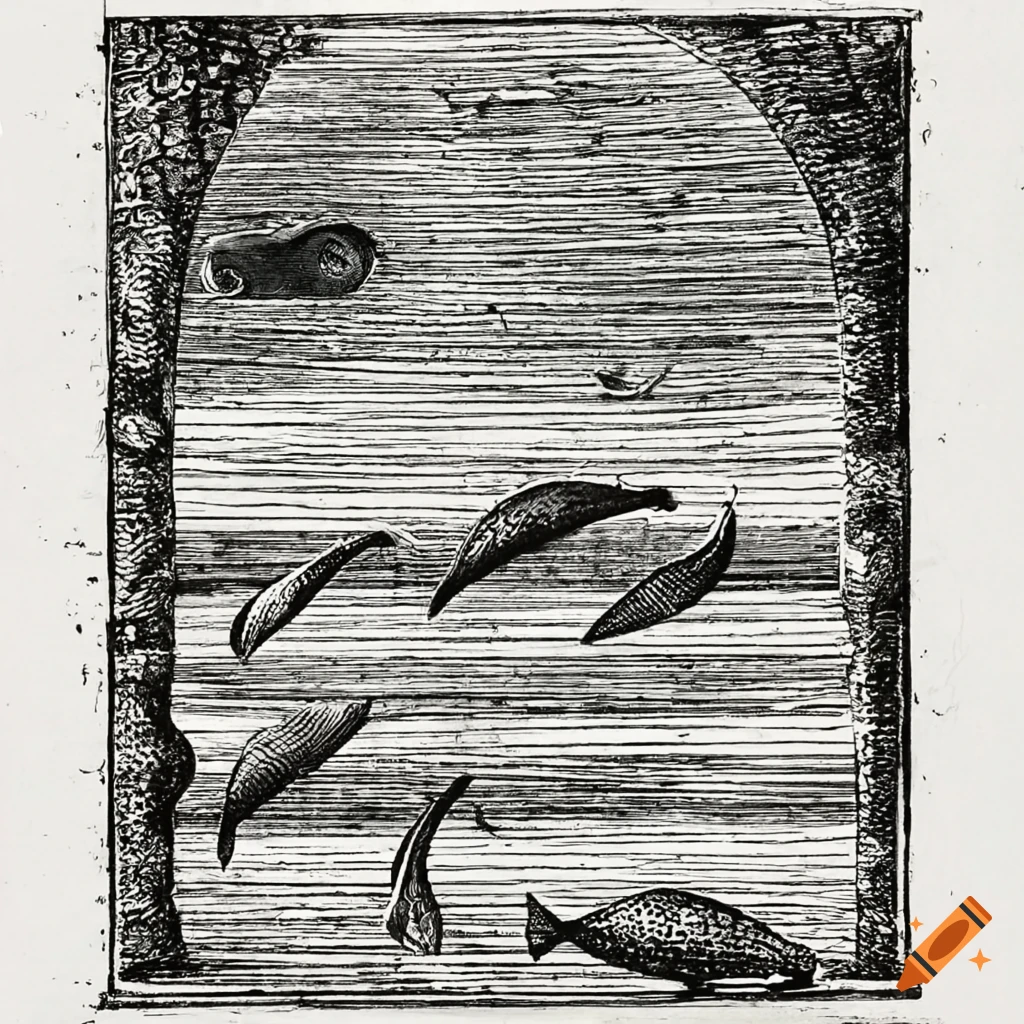Black and white drawing of a dock made of fish scales on Craiyon