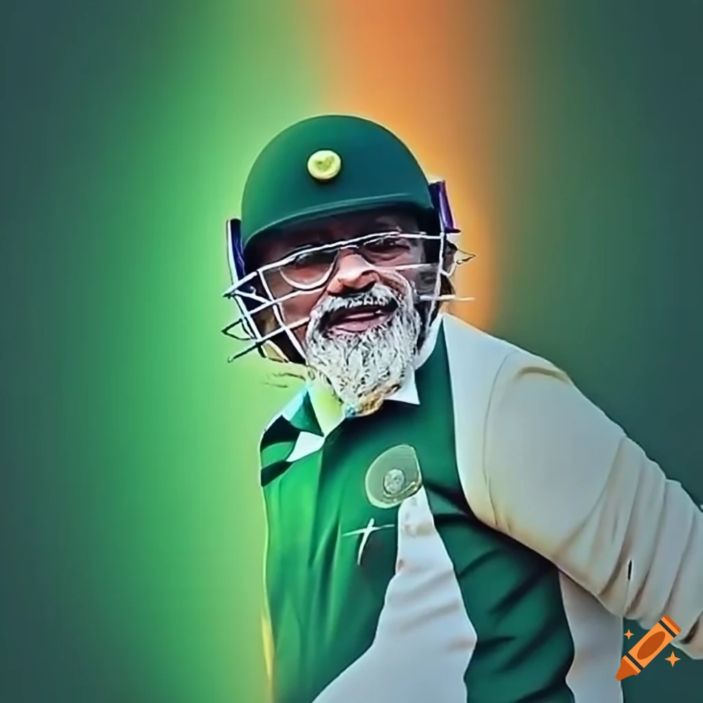 Narendra modi wearing a pakistan cricket jersey and helmet on Craiyon