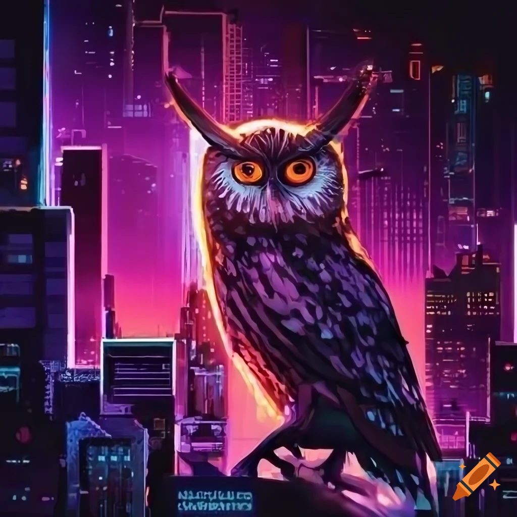 cyberpunk owl in a neon cityscape