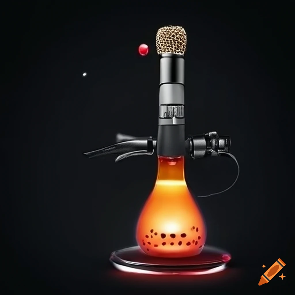 Bunsen burner podcast microphone with an atom symbol