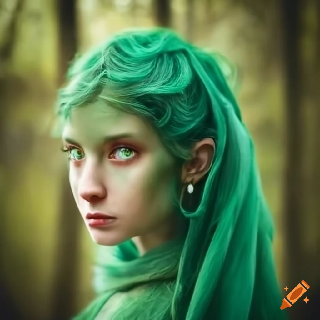 photo of a young forest spirit woman in a green robe