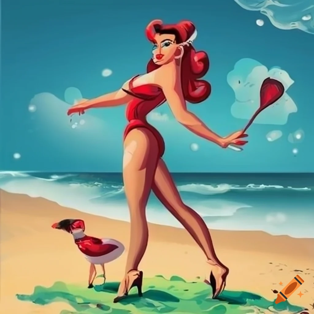 Cartoon pin up lady walking on the beach on Craiyon