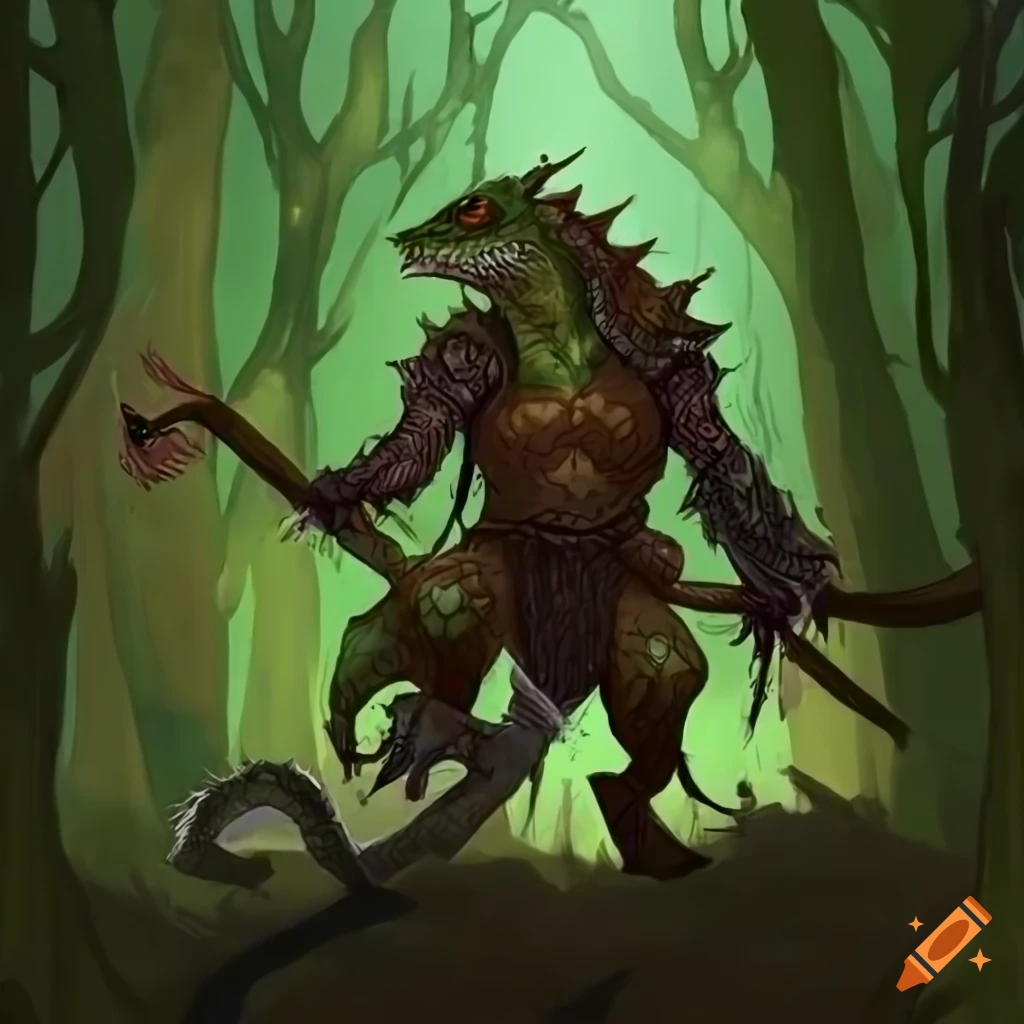 Lizardfolk barbarian hunting in the woods on Craiyon