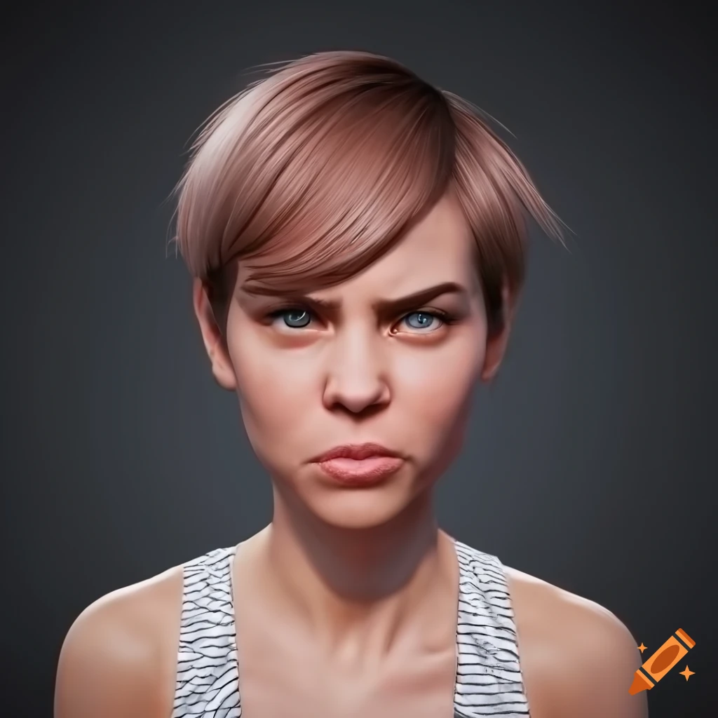 portrait of a young woman with short brown hair and angry smile