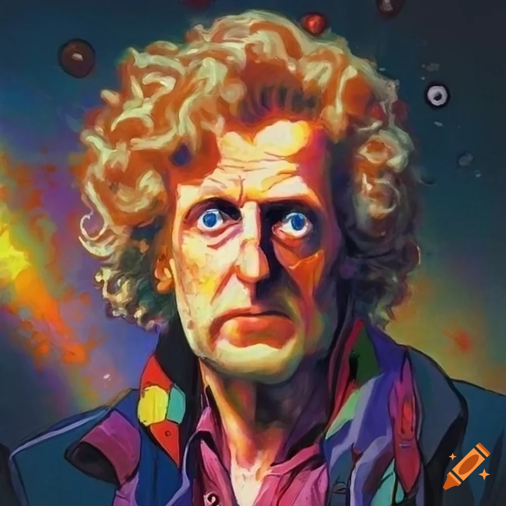 retro sci-fi art of Sixth Doctor Who in colorful outfit
