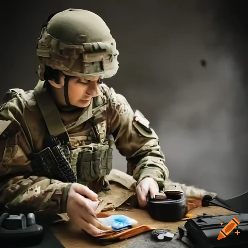 soldier with a tampon in a first aid kit