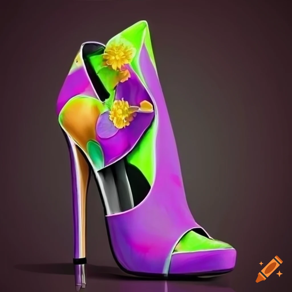 Surreal chicken leg high heel shoes with colorful buttons on Craiyon