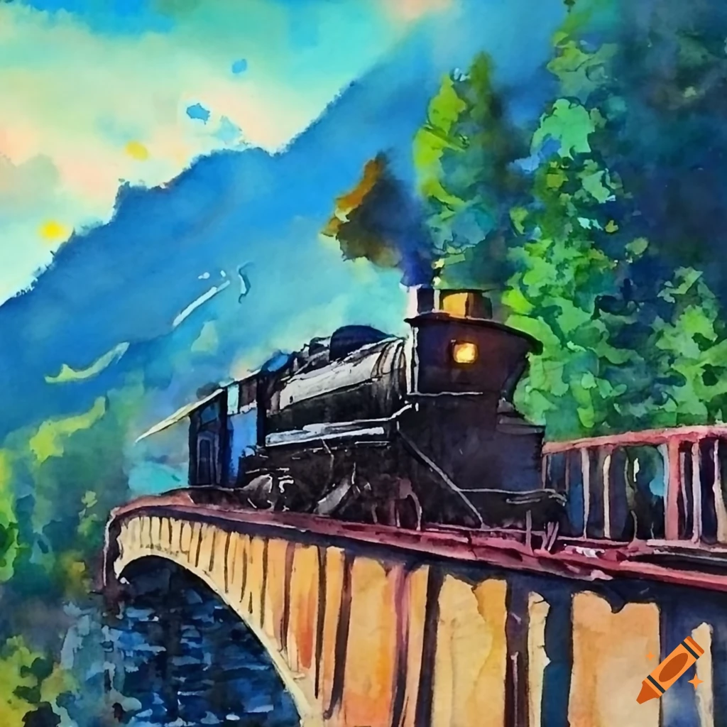 Watercolor painting of a steam on a bridge on Craiyon
