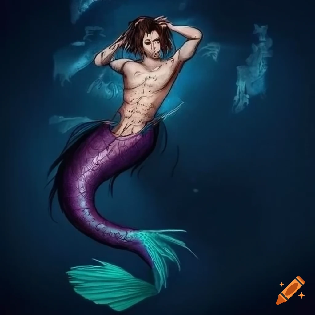 etching of a detailed merman with tentacle-tail