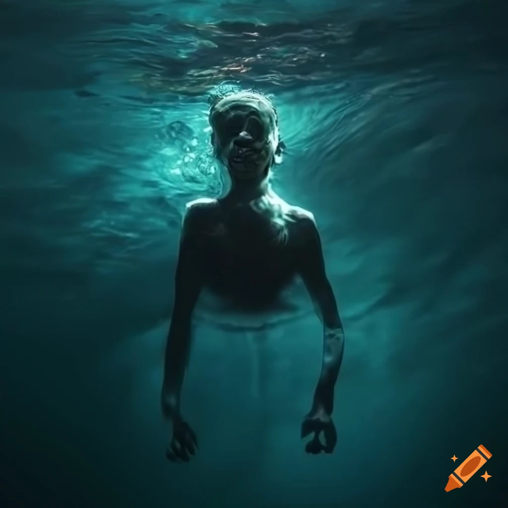 Person diving in dark underwater
