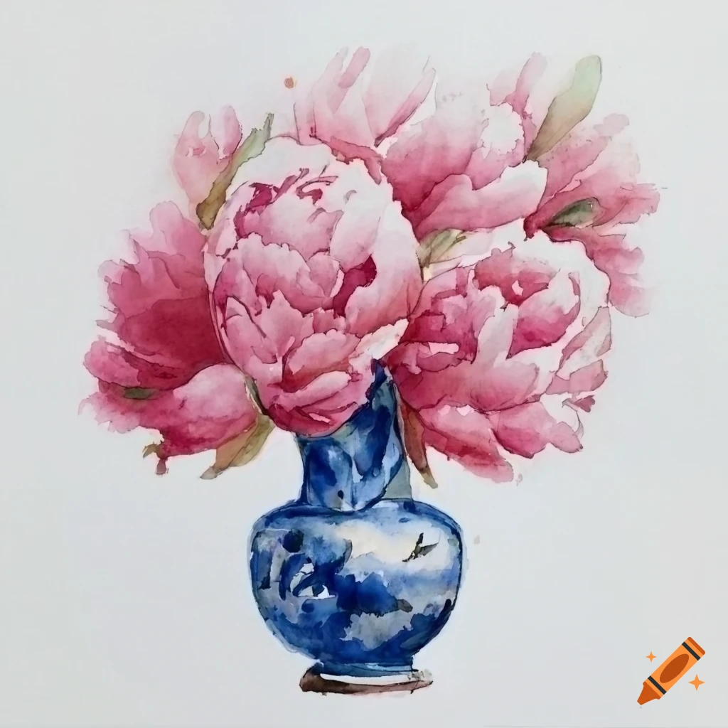 watercolor of pink peonies in a chinoiserie vase