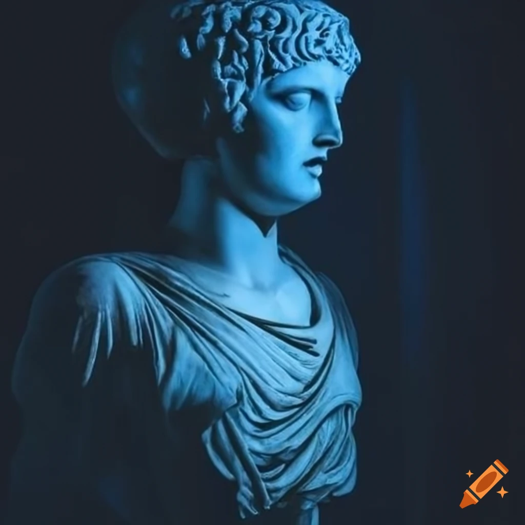 photograph of ancient Roman statue in dark blue lighting