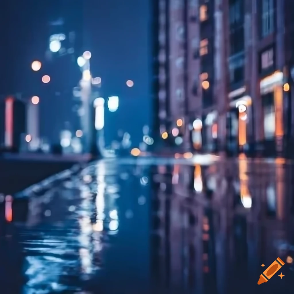 twilight cityscape with high-rise buildings in the rain
