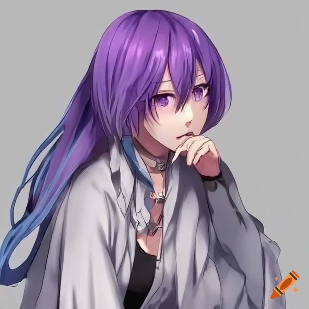 Anime gith femboy with short black hair, purple eyes, wearing a black  leather jacket, choker around neck, detailed face on Craiyon