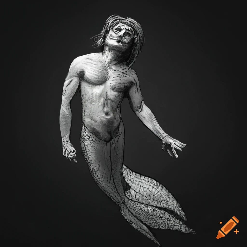 black and white etching of Steve Harrington as a merman monster