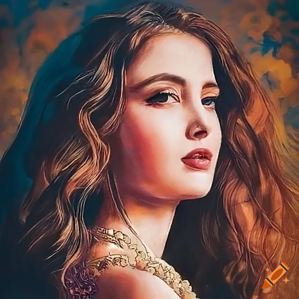 Portrait of a young goddess with intense gaze in woodblock print style