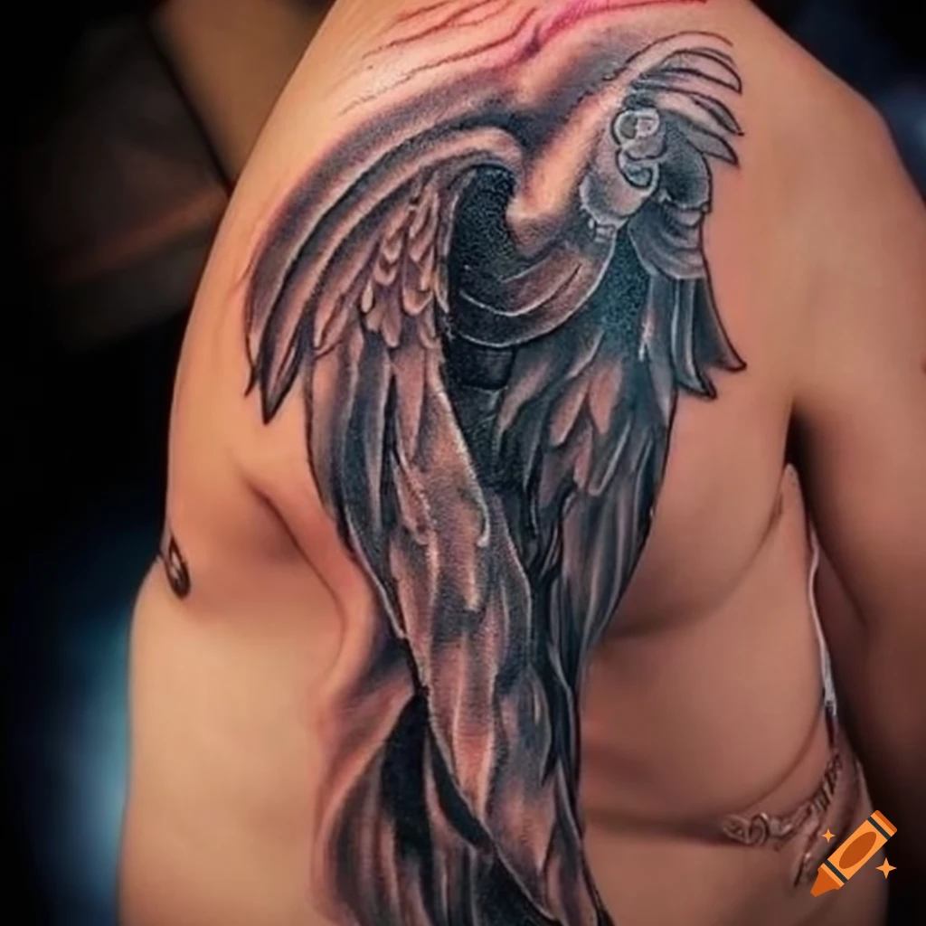 Genghis Skull feather wings chest piece — GOLD STRIPE TATTOO