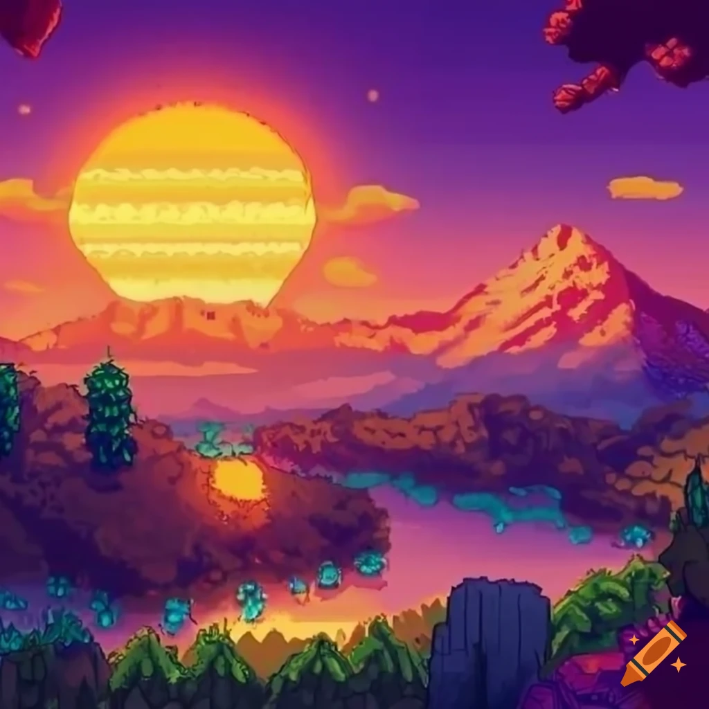 Sunset landscape of stardew valley game on Craiyon