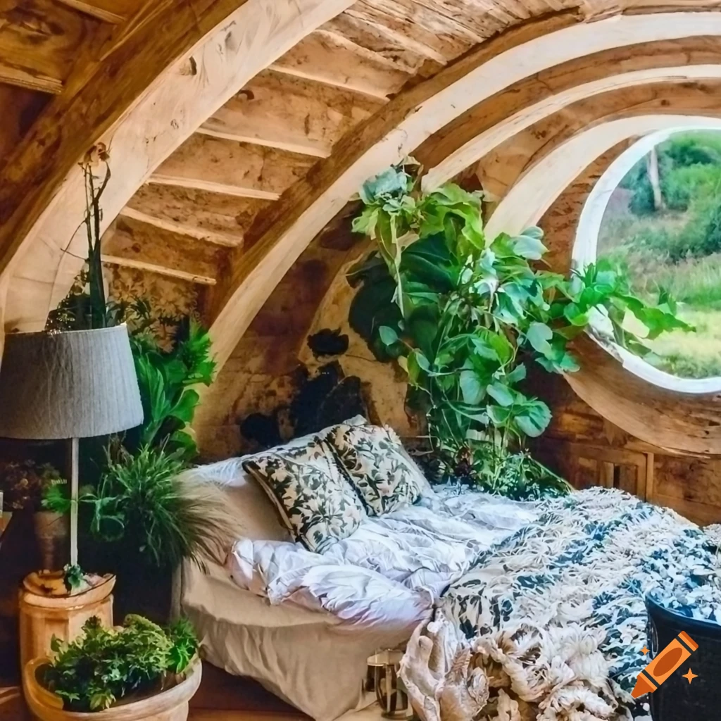 Cozy hobbit bedroom with potted plants and warm light on Craiyon