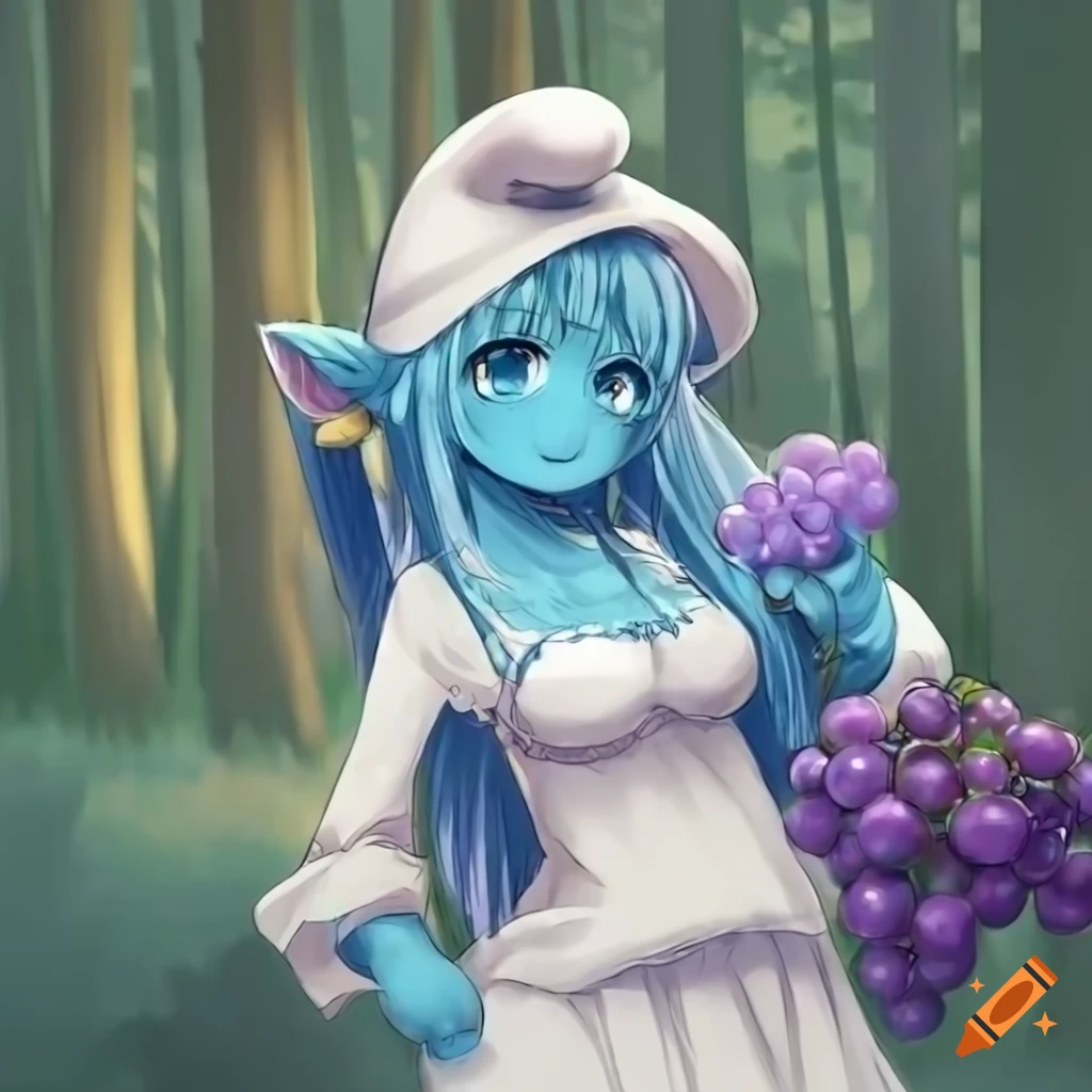 anime catgirl with blue skin holding a grape in the woods