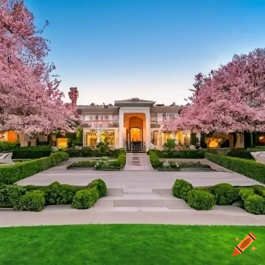 California mansion with cherry blossom trees during sunset