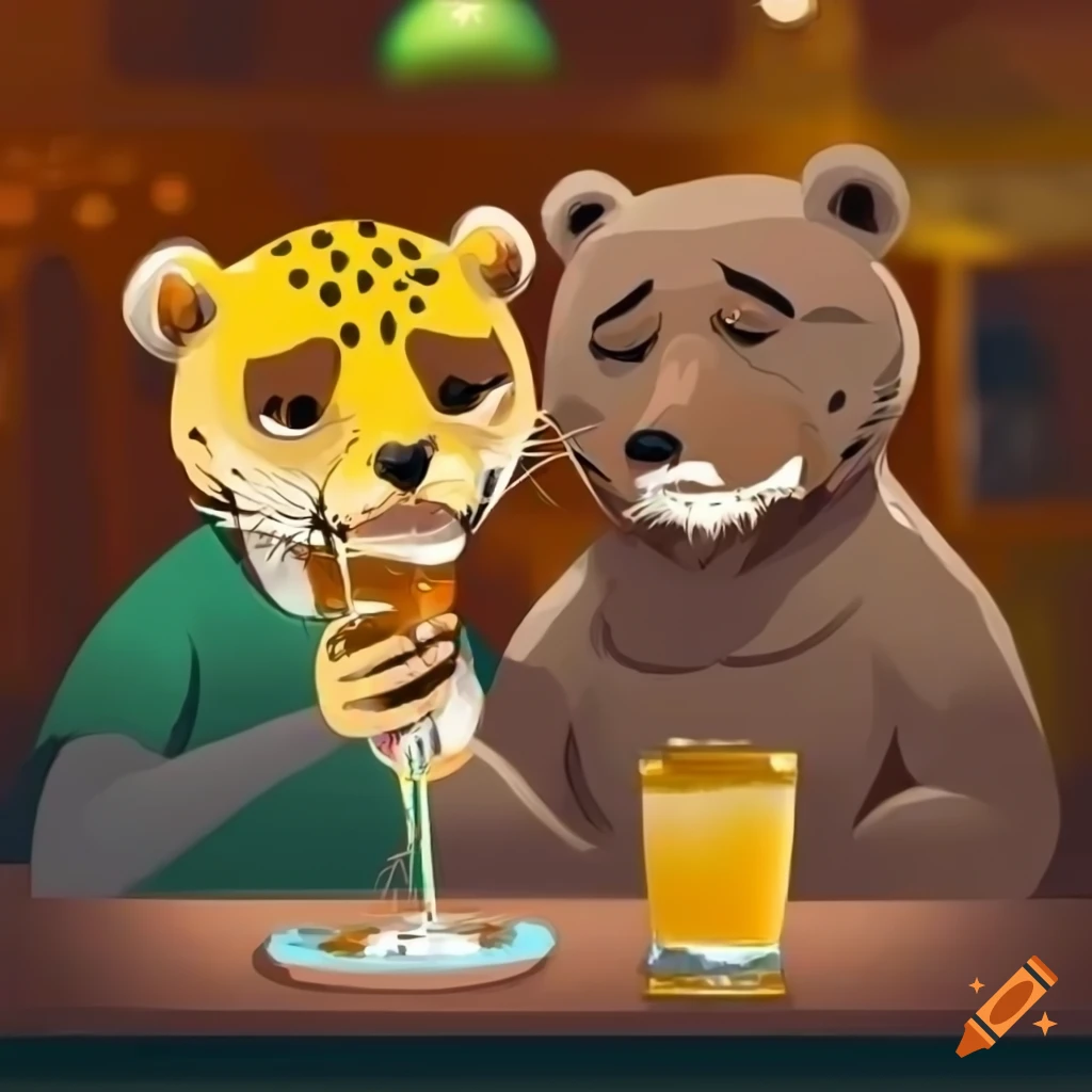 anthropomorphic bear and jaguar enjoying a beer at a bar