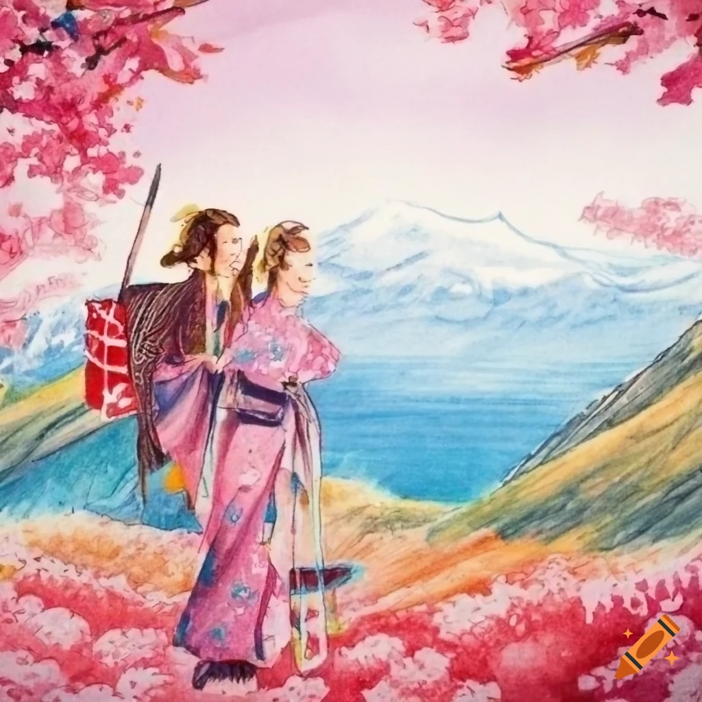 Japanese painting of cherry blossoms and walking figures on Craiyon