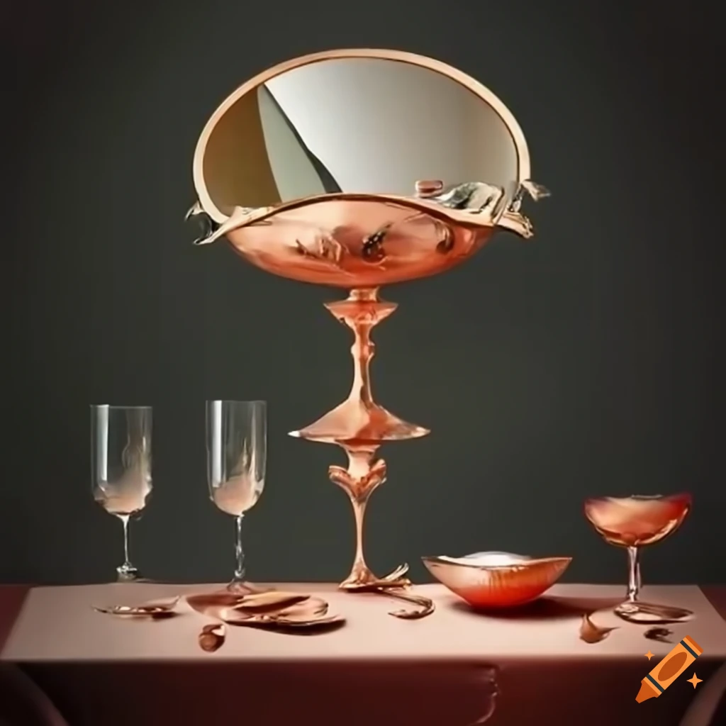 surrealistic pastries on a table with glasses and goldfish in a wine glass